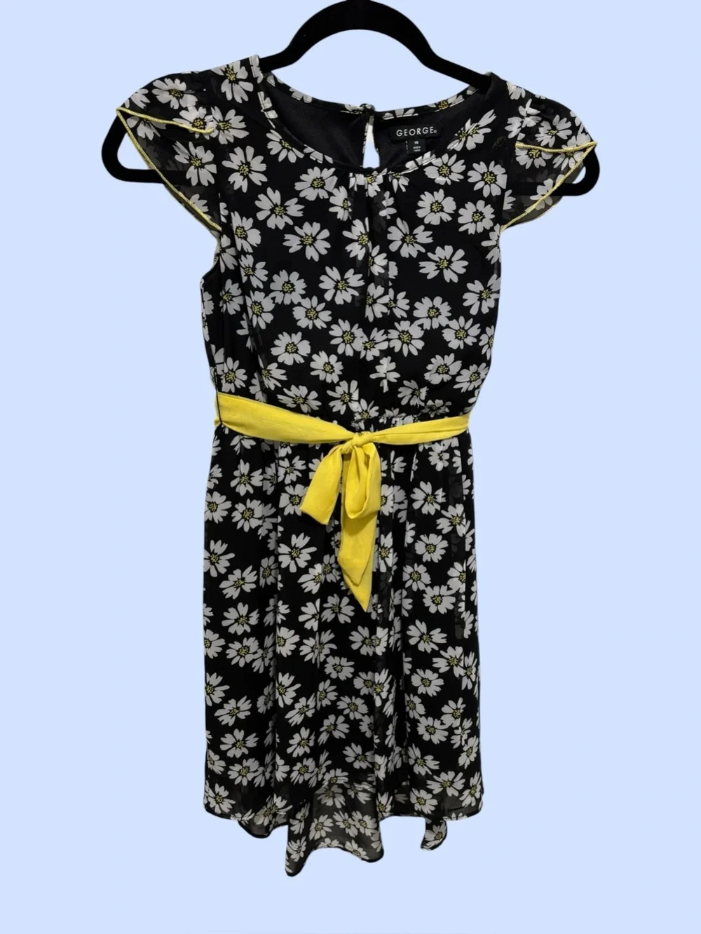 George Black Daisy Print Girls Dress with Yellow Sash Size 10